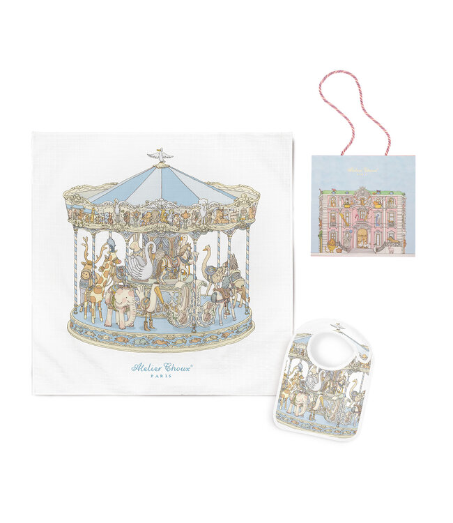 Atelier Choux Carre & Satin Bib Set - Carousel Blue
