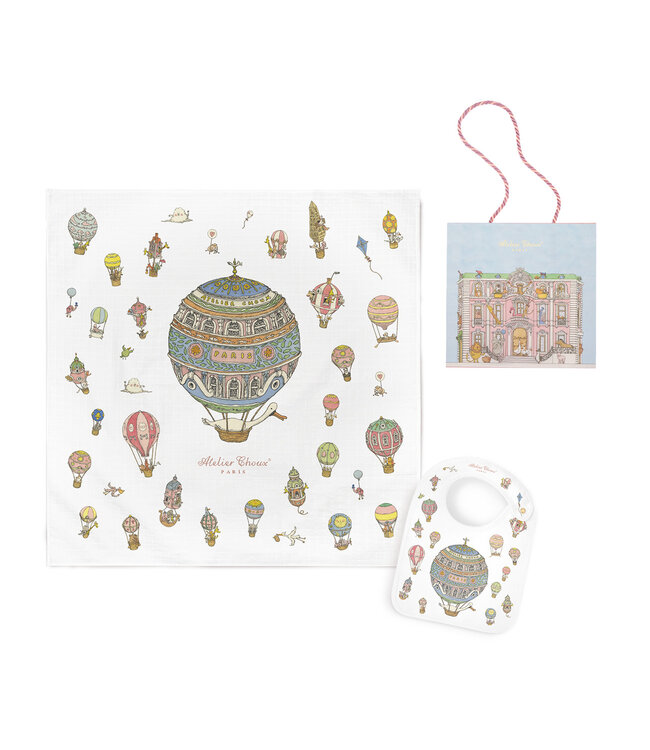 Atelier Choux Carre & Satin Bib Set - Hot Air Balloons