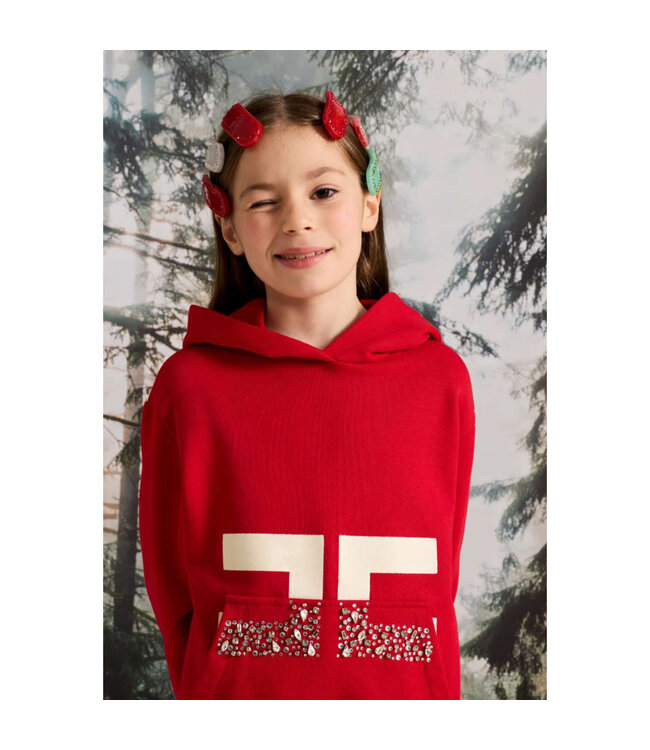 Elisabetta Franchi FELPA CON CAPPUCCIO E STAMPA DOPPIA C CON CASTONI RED PASSION/MILK-CRYSTAL
