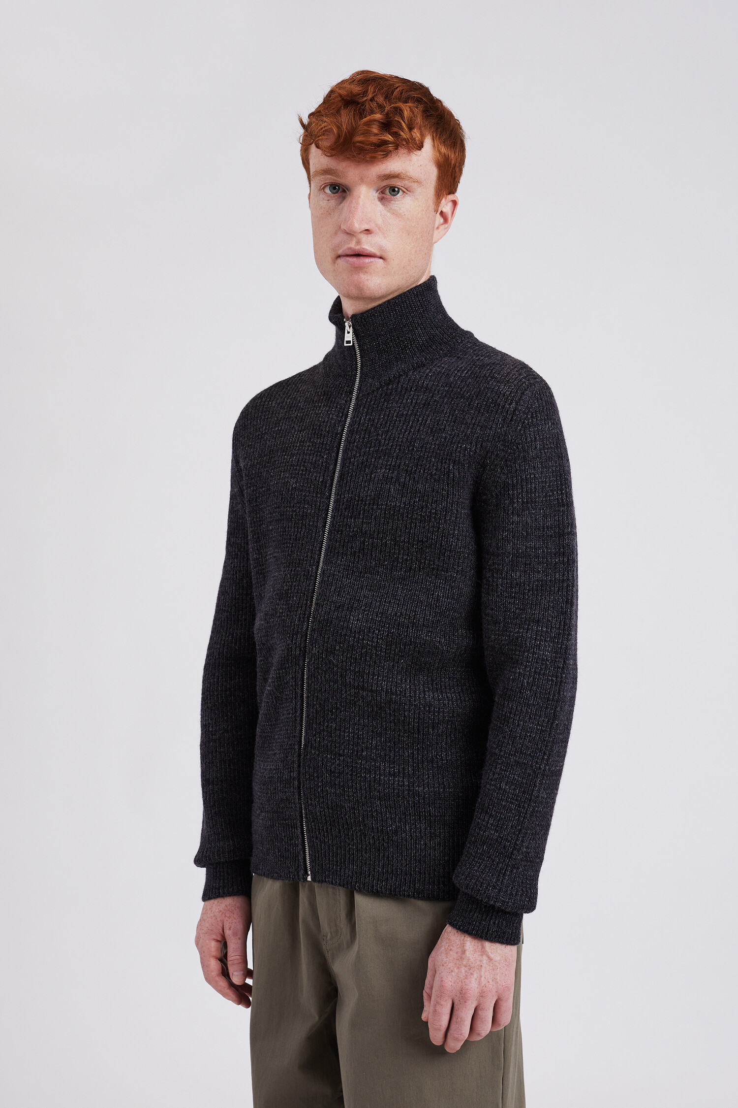 Hagen Wool Cotton Rib Full Zip Jacket Dark Grey Melange DEAUP