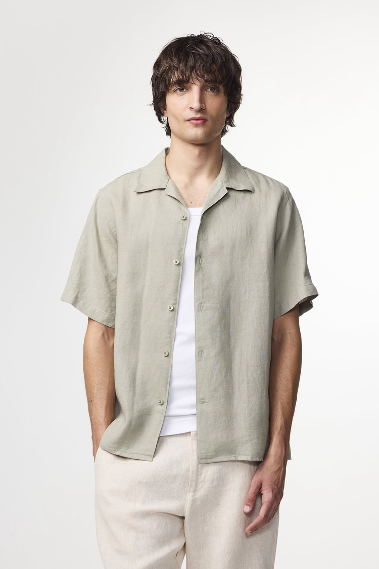 No Nationality 07 Julio 5708 Open-Collar Linen Shirt 'Sage Green'