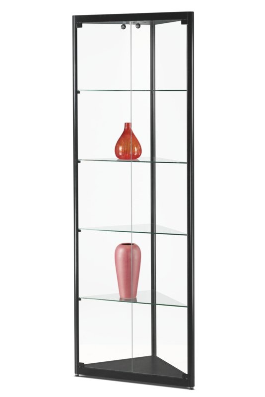 Eckvitrine schwarz mit SDB | Ablagen SDB Profil Vitrine 50cm schmalem - Vitrinenbau und