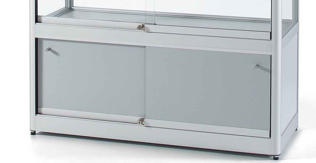 Glass display cabinet GPC 1200 silver with LED top lights and storage