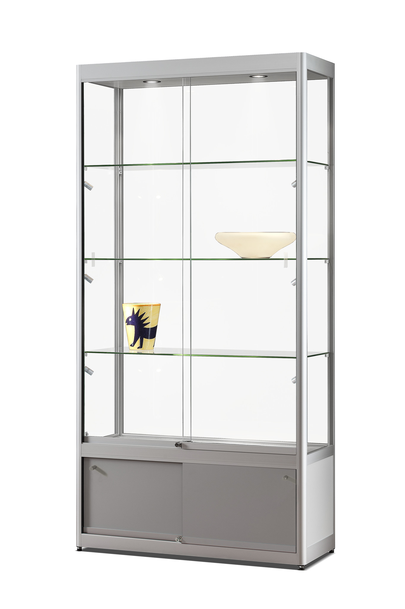 Vitrine 315 1000 zilver met onderkast, plafondspots en LED zijspots