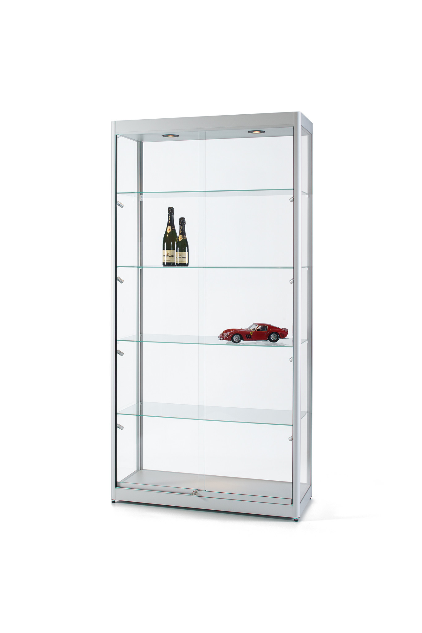 Vitrine 315 1000 silber mit LED Deckenspots und Seitenbeleuchtung