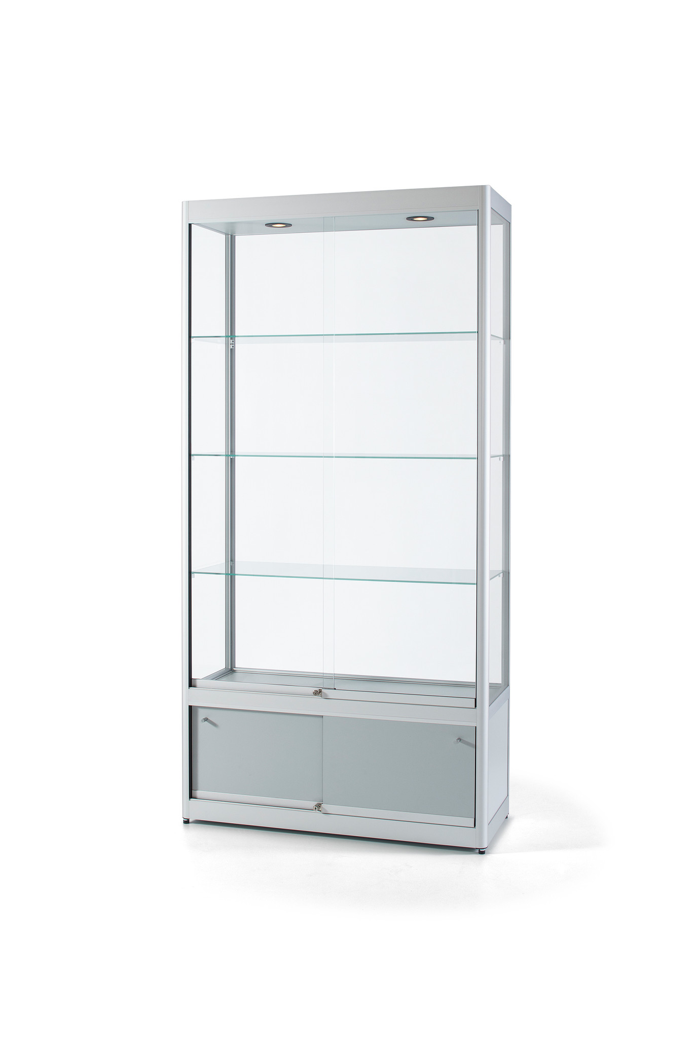 Glass display cabinet GPC 1200 silver with LED top lights and storage