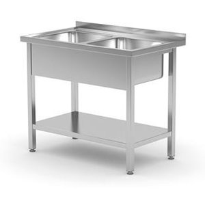 Skręcany stół ze stali nierdzewnej z dwoma zlewami z półką | 1000x700x(h)850 mm