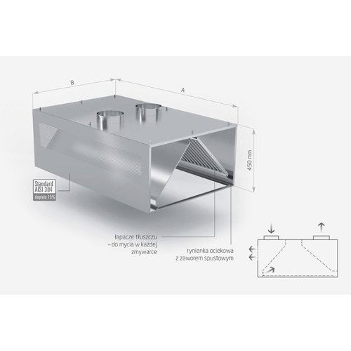 Okap przyścienny kompensacyjno-indukcyjny ze stali nierdzewnej | 1200x1300x(h)450 mm