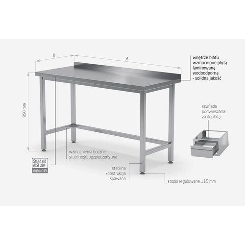 Stół przyścienny ze stali nierdzewnej wzmocniony bez półki | 400x700x(h)850 mm
