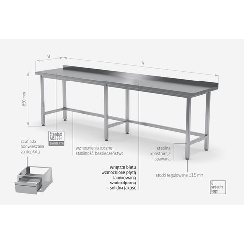 INOXI Stół przyścienny ze stali nierdzewnej wzmocniony bez półki | 2200x700x(h)850 mm