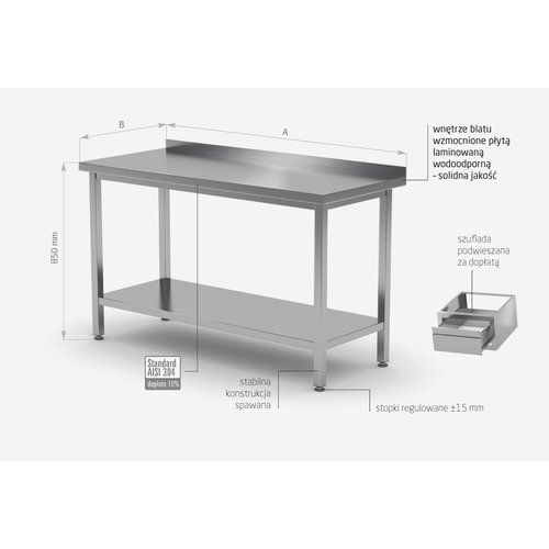 Stół przyścienny ze stali nierdzewnej z półką | 400x600x(h)850 mm