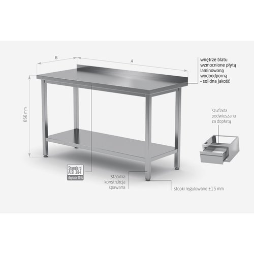 INOXI Stół przyścienny ze stali nierdzewnej z półką | 600x700x(h)850 mm
