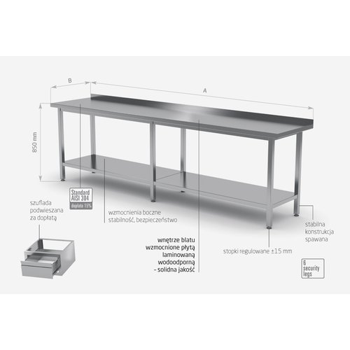 INOXI Stół przyścienny ze stali nierdzewnej z półką | 2800x700x(h)850 mm