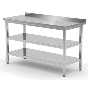 INOXI Stainless steel work table with splashback and two undershelves | 400x700x(h)850 mm