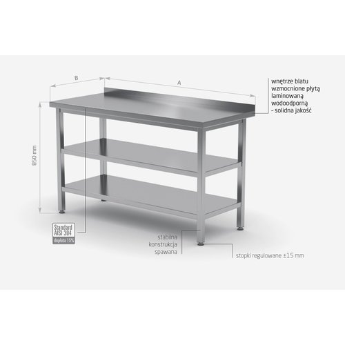 Stół przyścienny ze stali nierdzewnej z dwiema półkami | 1200x600x(h)850 mm