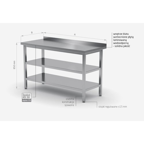 INOXI Stół przyścienny ze stali nierdzewnej z dwiema półkami | 1700x700x(h)850 mm