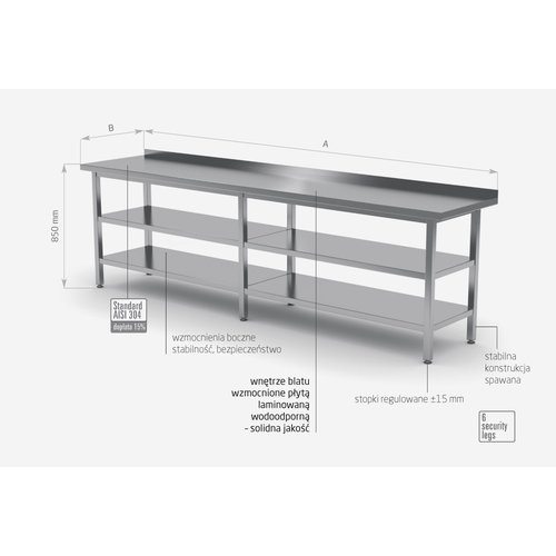 Stół przyścienny ze stali nierdzewnej z dwiema półkami | 2100x600x(h)850 mm