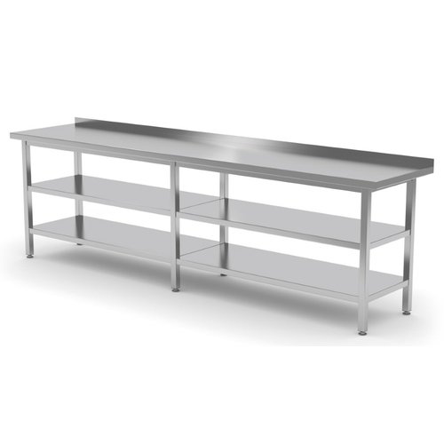 INOXI Stół przyścienny ze stali nierdzewnej z dwiema półkami | 2800x700x(h)850 mm