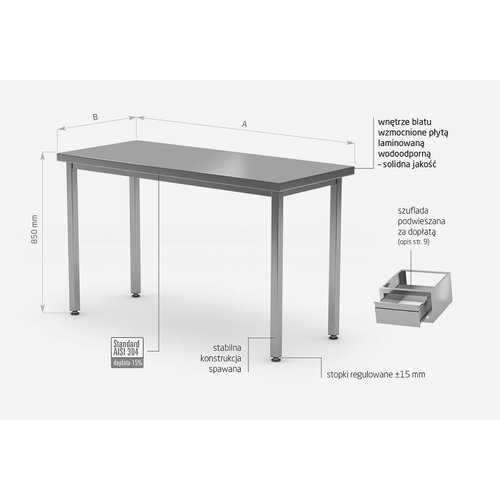 INOXI Stół centralny ze stali nierdzewnej bez półki | 900x700x(h)850 mm