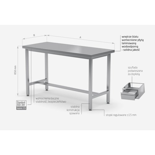 Stół centralny wzmocniony ze stali nierdzewnej bez półki | 800x700x(h)850 mm