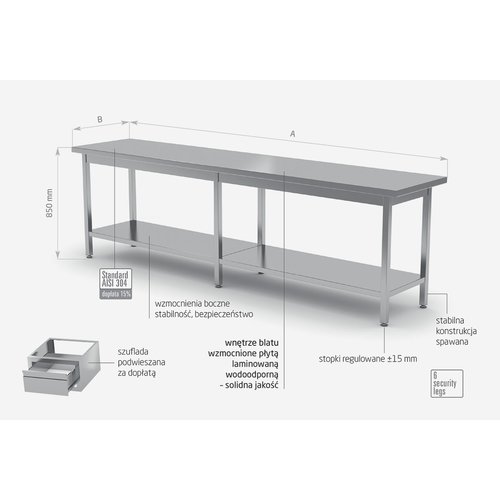 INOXI Stół centralny ze stali nierdzewnej z półką | 2800x700x(h)850 mm