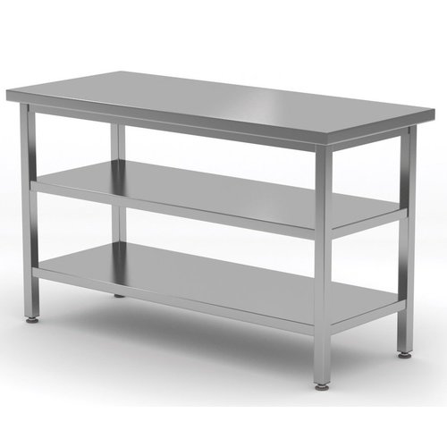 INOXI Stół centralny ze stali nierdzewnej z dwiema półkami | 1600x800x(h)850 mm