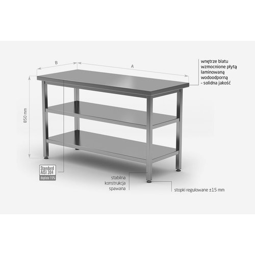 INOXI Stół centralny ze stali nierdzewnej z dwiema półkami | 1600x800x(h)850 mm