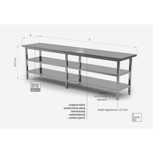 INOXI Stół centralny ze stali nierdzewnej z dwiema półkami | 2800x700x(h)850 mm