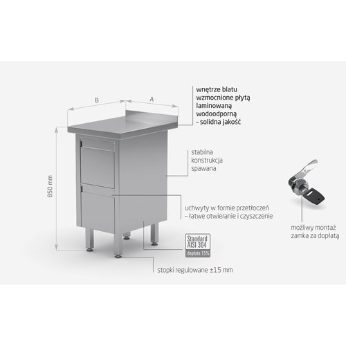 INOXI Stół przyścienny ze stali nierdzewnej z dwiema szufladami | 430x600x(h)850 mm