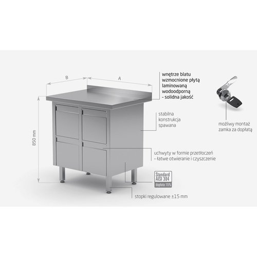 INOXI Stół przyścienny ze stali nierdzewnej z czterema szufladami | 830x600x(h)850 mm
