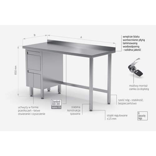 INOXI Stół przyścienny ze stali nierdzewnej, szafka z dwiema szufladami - szuflady po lewej stronie | 1700x600x(h)850 mm