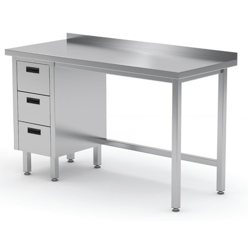 INOXI Stół przyścienny ze stali nierdzewnej, szafka z trzema szufladami - szuflady po lewej stronie | 1600x700x(h)850 mm