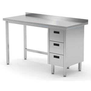 INOXI Stół przyścienny ze stali nierdzewnej, szafka z trzema szufladami - szuflady po prawej stronie | 1600x600x(h)850 mm