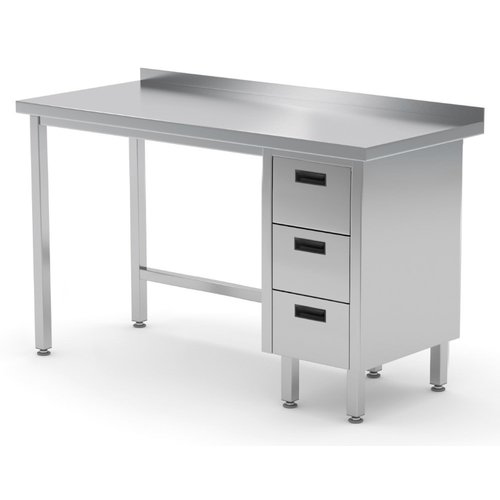 INOXI Stół przyścienny ze stali nierdzewnej, szafka z trzema szufladami - szuflady po prawej stronie | 1600x600x(h)850 mm