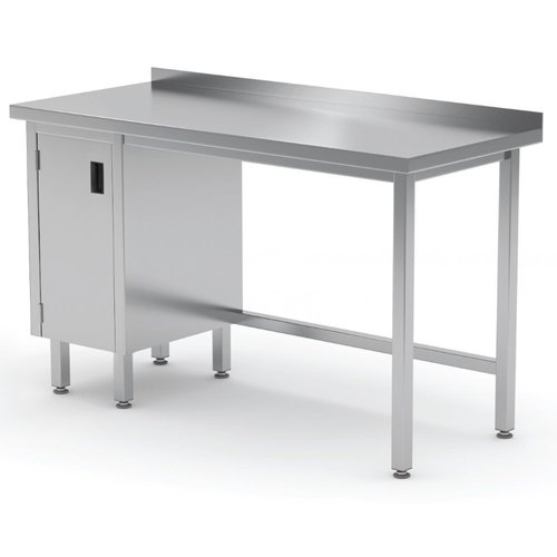 INOXI Stół przyścienny ze stali nierdzewnej, szafka z drzwiami na zawiasach - szafka po lewej stronie | 1600x600x(h)850 mm