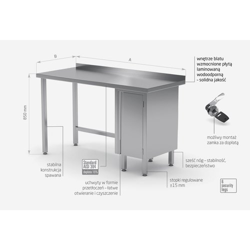 INOXI Stół przyścienny ze stali nierdzewnej, szafka z drzwiami na zawiasach - szafka po prawej stronie | 1700x700x(h)850 mm