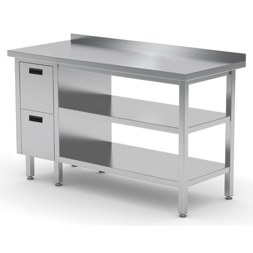 INOXI Stół przyścienny ze stali nierdzewnej, szafka z dwiema szufladami i dwiema półkami - szuflady po lewej stronie | 1700x600x(h)850 mm