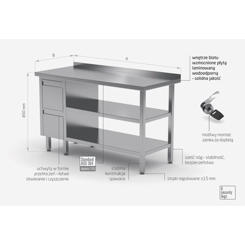 INOXI Stół przyścienny ze stali nierdzewnej, szafka z dwiema szufladami i dwiema półkami - szuflady po lewej stronie | 1700x700x(h)850 mm