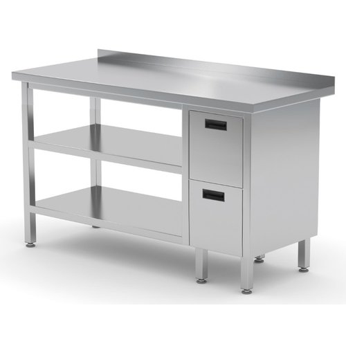 INOXI Stół przyścienny ze stali nierdzewnej, szafka z dwiema szufladami i dwiema półkami - szuflady po prawej stronie | 1600x600x(h)850 mm