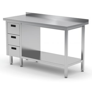 INOXI Stół przyścienny ze stali nierdzewnej, szafka z trzema szufladami i półką - szuflady po lewej stronie | 1600x600x(h)850 mm