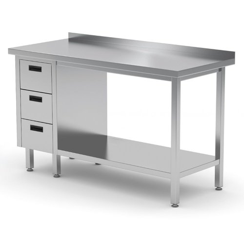 INOXI Stół przyścienny ze stali nierdzewnej, szafka z trzema szufladami i półką - szuflady po lewej stronie | 1600x600x(h)850 mm