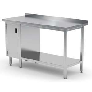 INOXI Stół przyścienny ze stali nierdzewnej, szafka z drzwiami na zawiasach i półką - szafka po lewej stronie | 1600x700x(h)850 mm