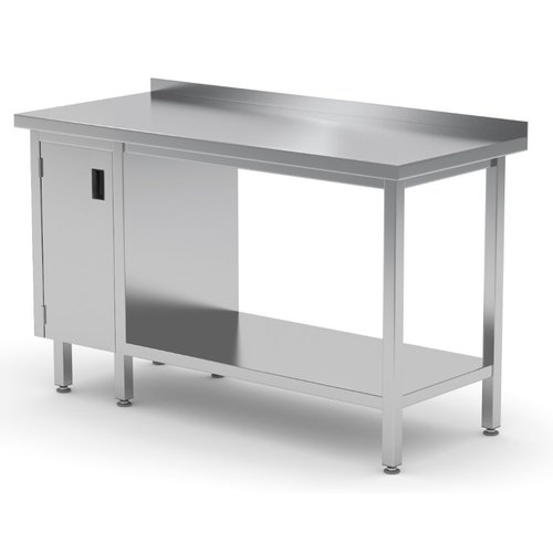 INOXI Stół przyścienny ze stali nierdzewnej, szafka z drzwiami na zawiasach i półką - szafka po lewej stronie | 1600x700x(h)850 mm