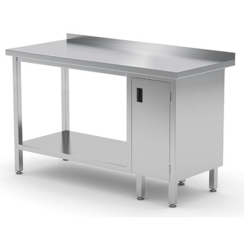 INOXI Stół przyścienny ze stali nierdzewnej, szafka z drzwiami na zawiasach i półką - szafka po prawej stronie | 1700x600x(h)850 mm
