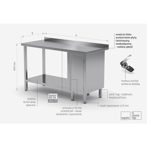 INOXI Stół przyścienny ze stali nierdzewnej, szafka z drzwiami na zawiasach i półką - szafka po prawej stronie | 1700x600x(h)850 mm
