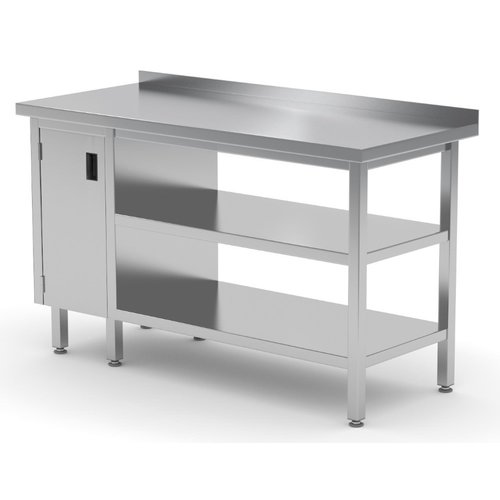 INOXI Stół przyścienny ze stali nierdzewnej, szafka z drzwiami na zawiasach i dwiema półkami - szafka po lewej stronie | 1700x600x(h)850 mm