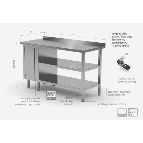 INOXI Stół przyścienny ze stali nierdzewnej, szafka z drzwiami na zawiasach i dwiema półkami - szafka po lewej stronie | 1700x700x(h)850 mm