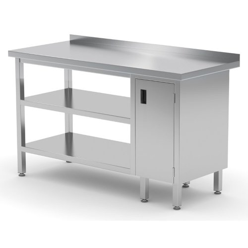 INOXI Stół przyścienny ze stali nierdzewnej, szafka z drzwiami na zawiasach i dwiema półkami - szafka po prawej stronie | 1600x600x(h)850 mm