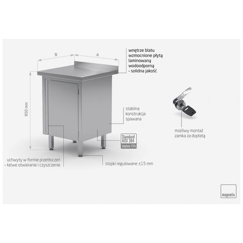 INOXI Stół przyścienny ze stali nierdzewnej szafka z drzwiami na zawiasach | 600x600x(h)850 mm