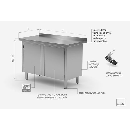 Stół przyścienny ze stali nierdzewnej, szafka z drzwiami na zawiasach | 800x600x(h)850 mm